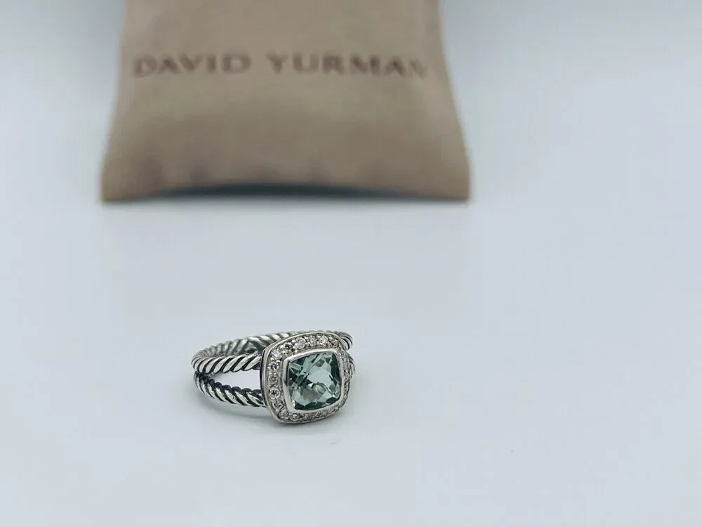 David Yurman Sterling Silver petite Albion w/Prasiolite & diamonds ring Size 7